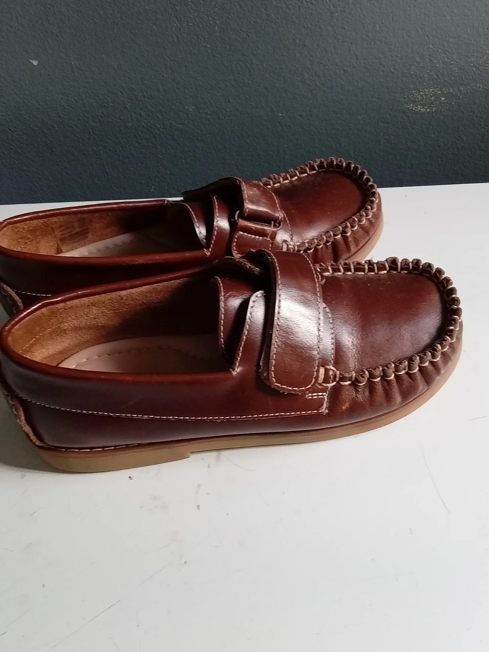 Elephantito Boys Leather Moc Toe Loafers Brown Hook Loop Strap Size 1 EU 31